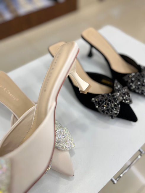 Rhinestone Embedded Bow Close Toe Heel